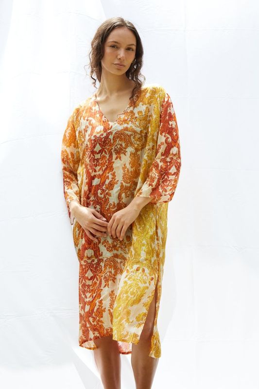 Amandita Kaftan Pure Silk Dress Bimini Sunset
