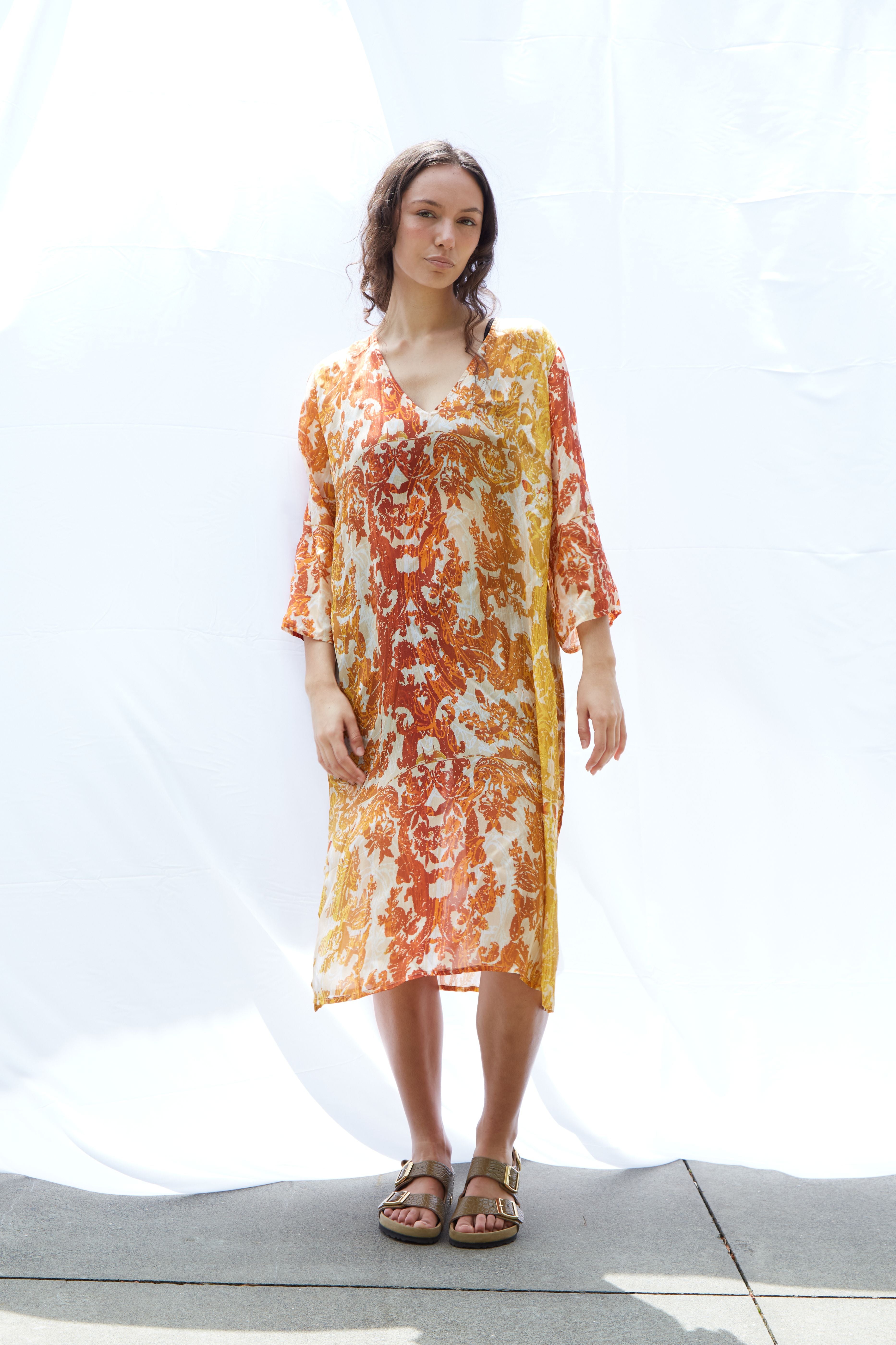 Amandita Kaftan Pure Silk Dress Bimini Sunset