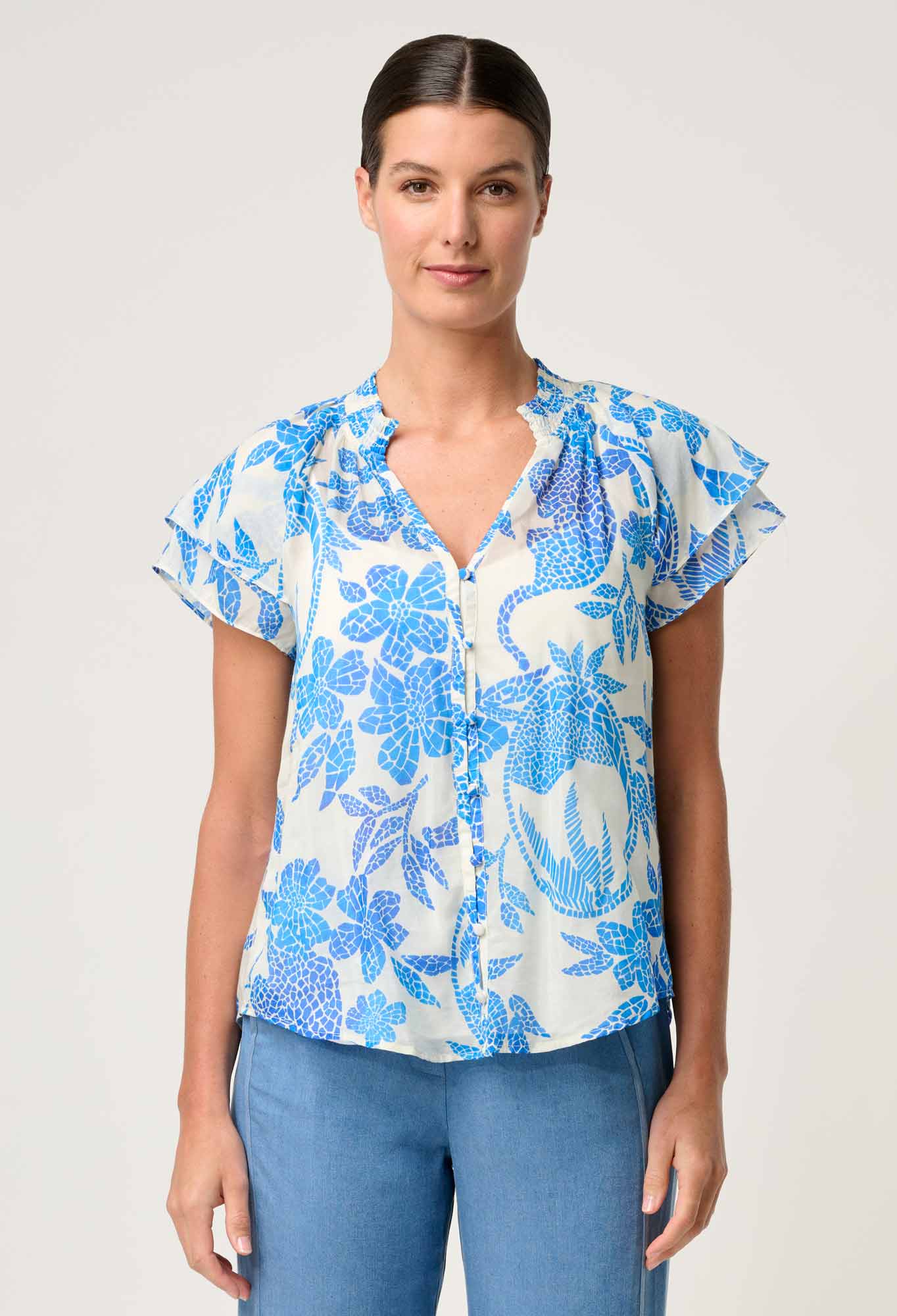 Calandra Flutter Sleeve Top Azure Mosaic Once Was