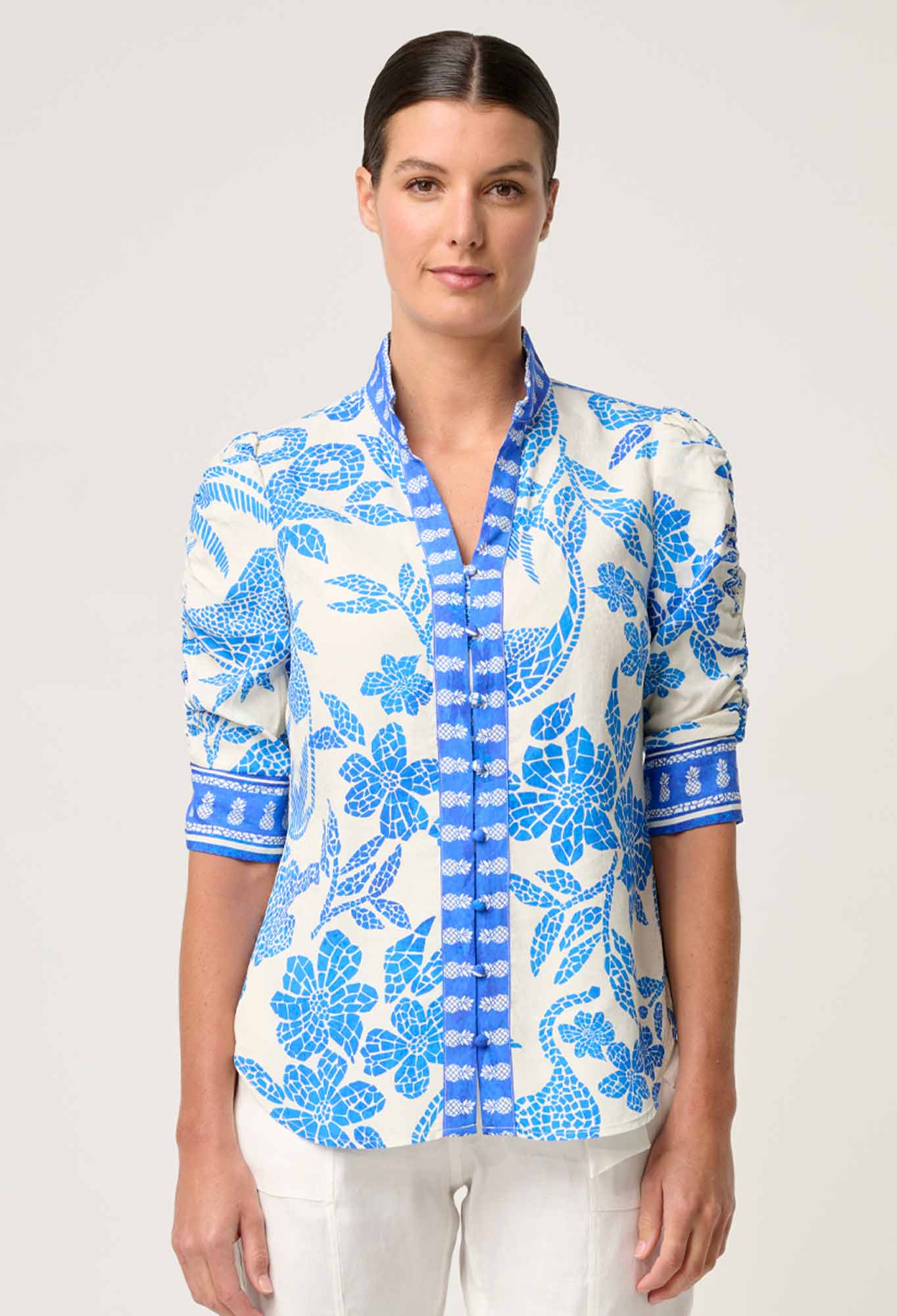 Calantha Dobby Rouched Shirt Azure Mosaic Once Was