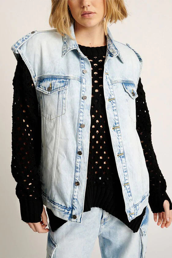One Teaspoon Depeche Blue Oversized Denim Trucker Sleeveless Jacket