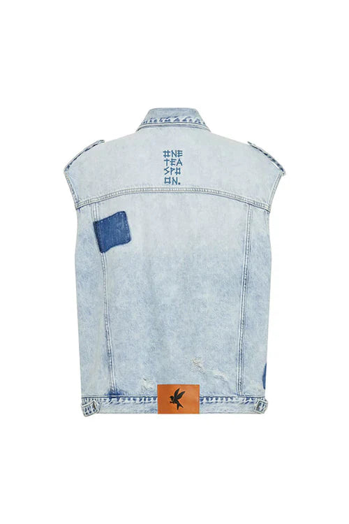 One Teaspoon Depeche Blue Oversized Denim Trucker Sleeveless Jacket