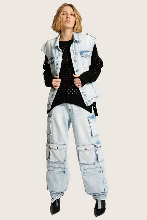 One Teaspoon Depeche Blue Oversized Denim Trucker Sleeveless Jacket