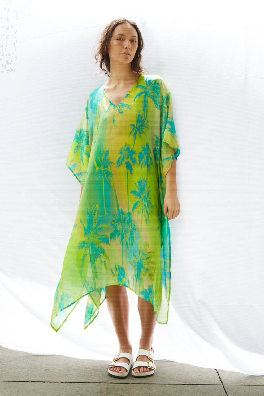 Palms Kaftan Pure Silk Dress Bimini Greens