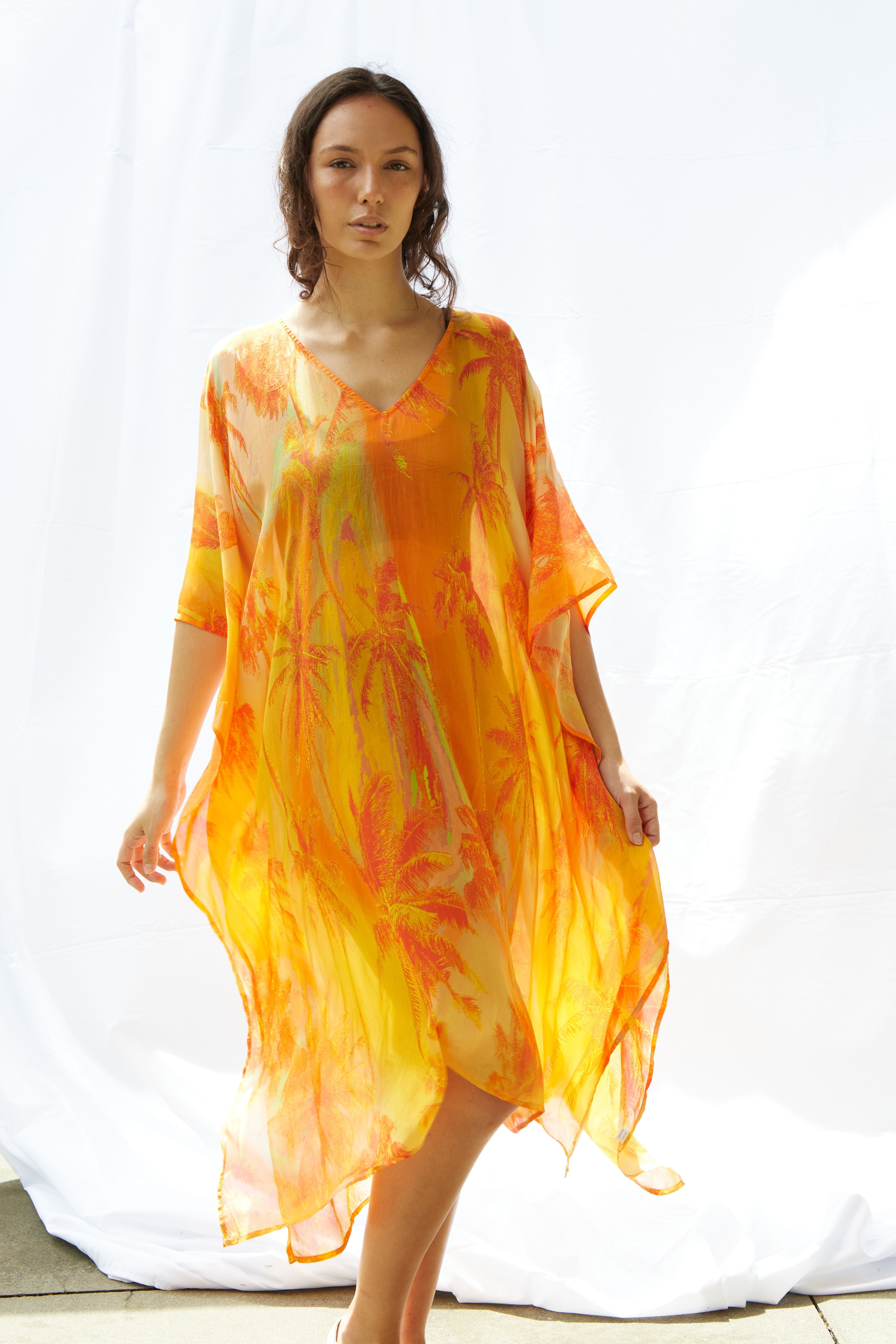 Palms Kaftan Pure Silk Bimini Dress Orange