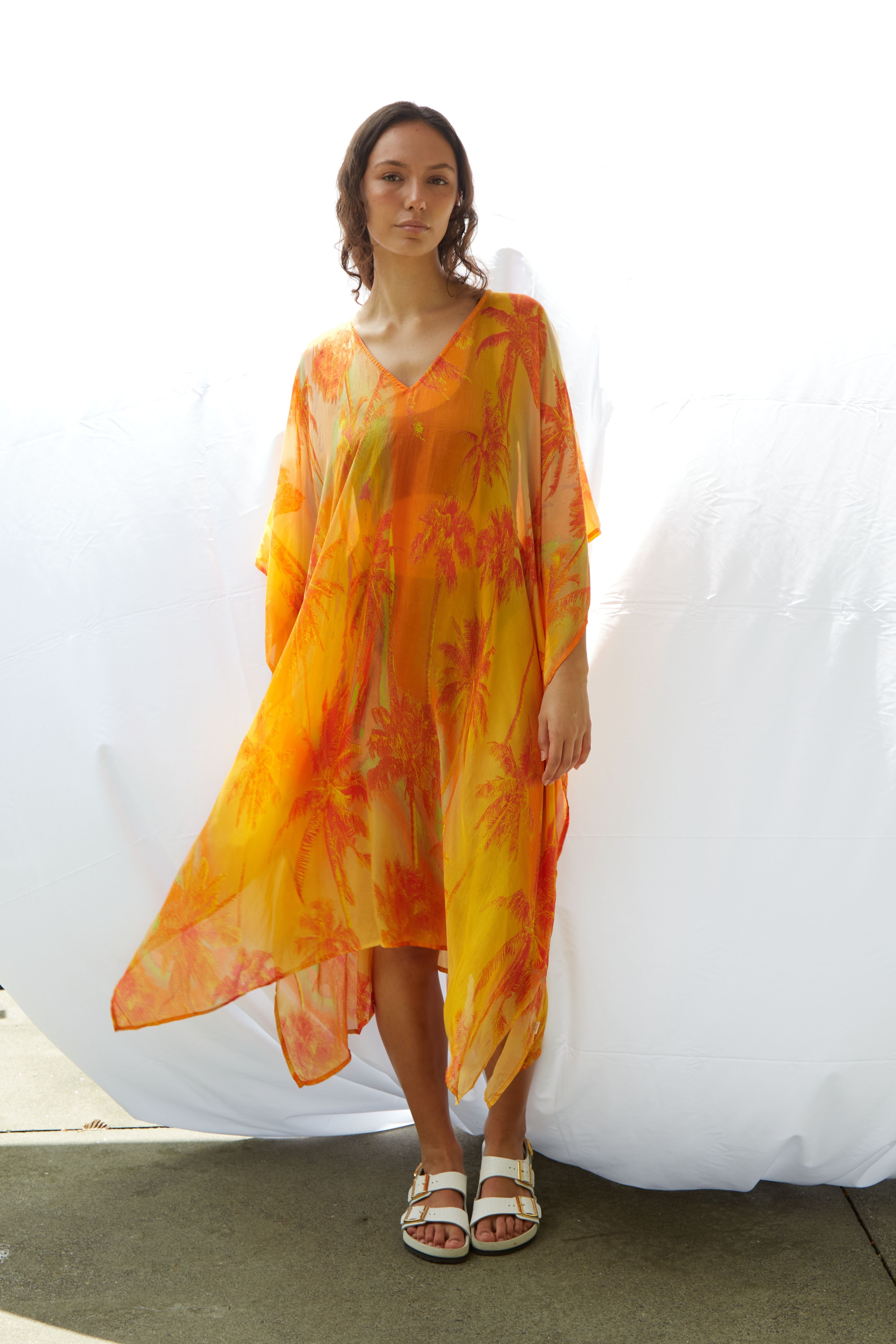Palms Kaftan Pure Silk Bimini Dress Orange