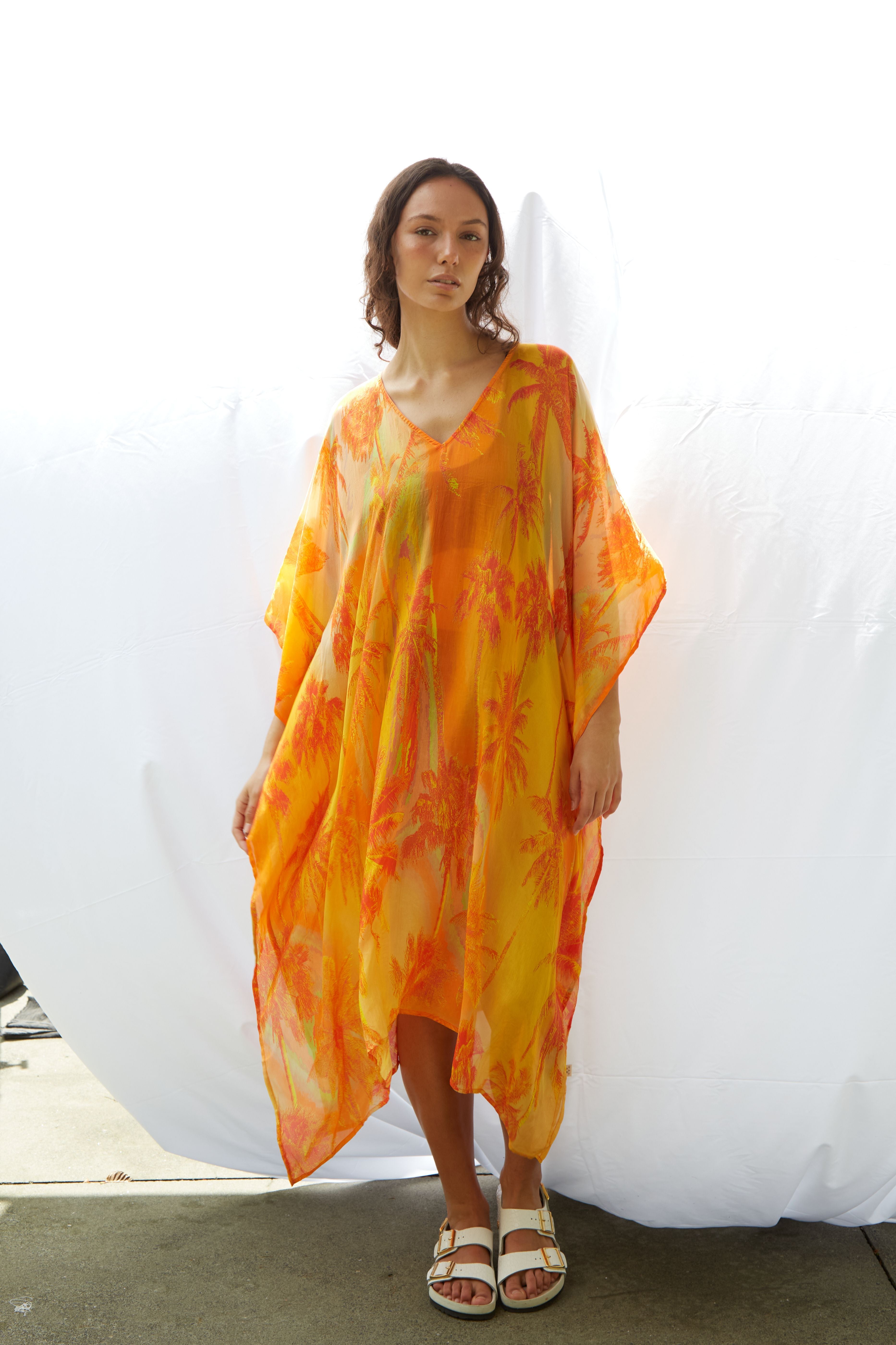 Palms Kaftan Pure Silk Bimini Dress Orange