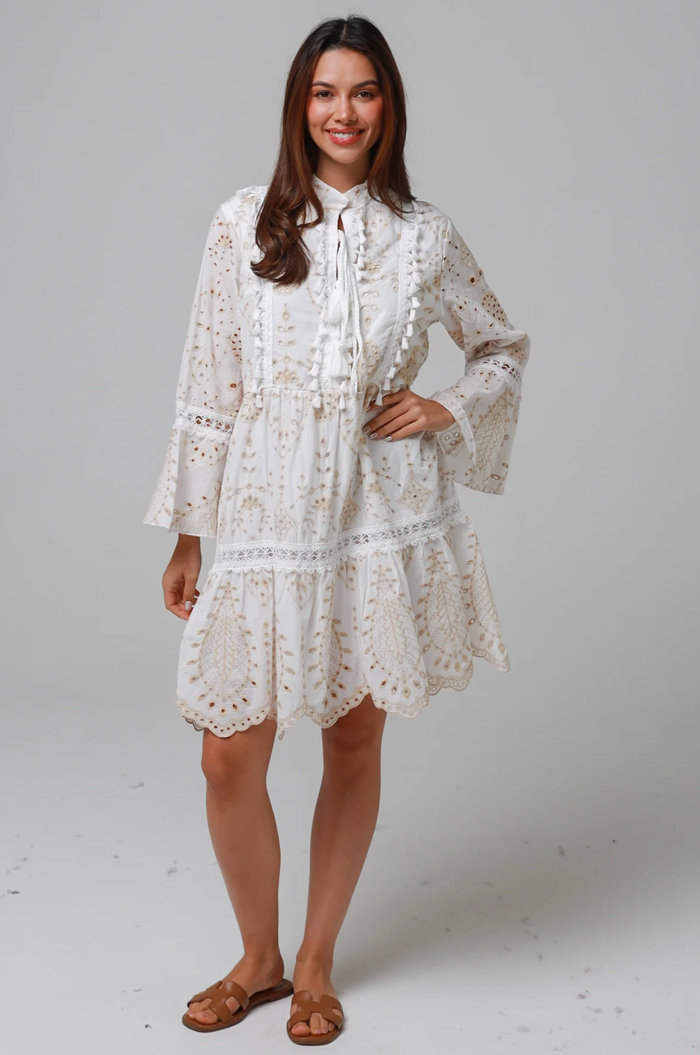 White Embroidery L/S Layered Dress Salty Palm