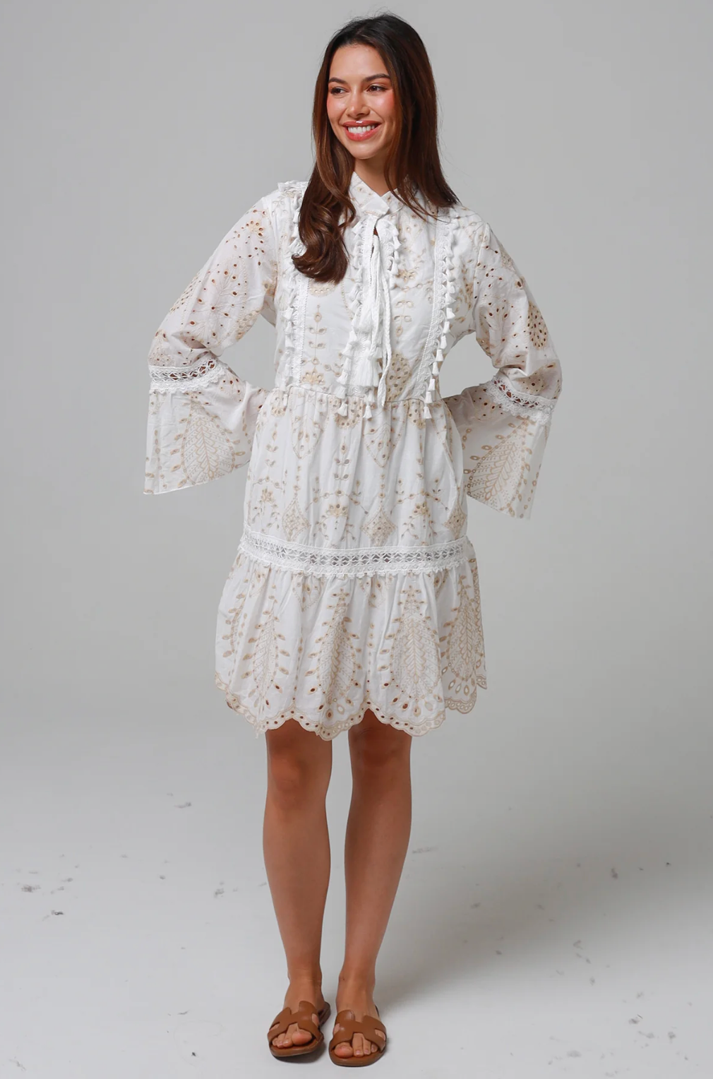 White Embroidery L/S Layered Dress Salty Palm