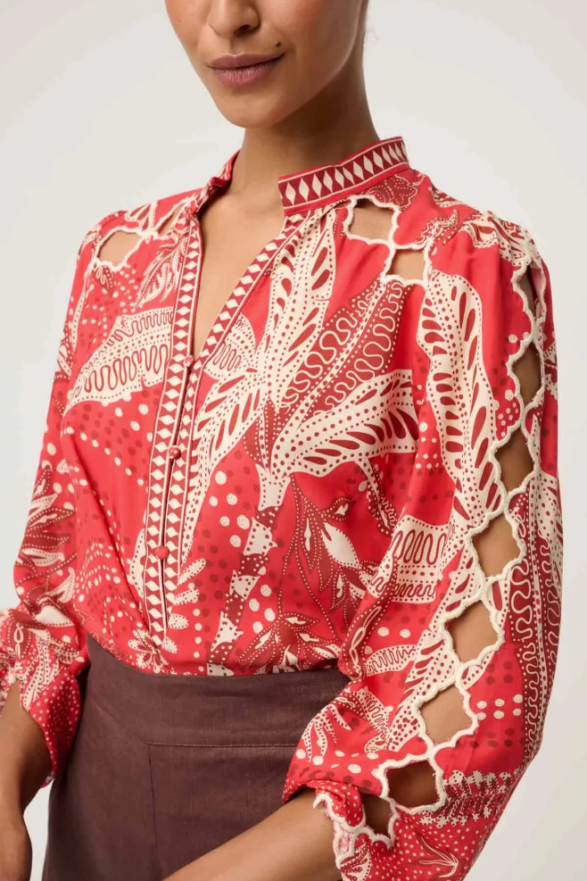Once Was Audrey Faille Blouse Crimson Palms