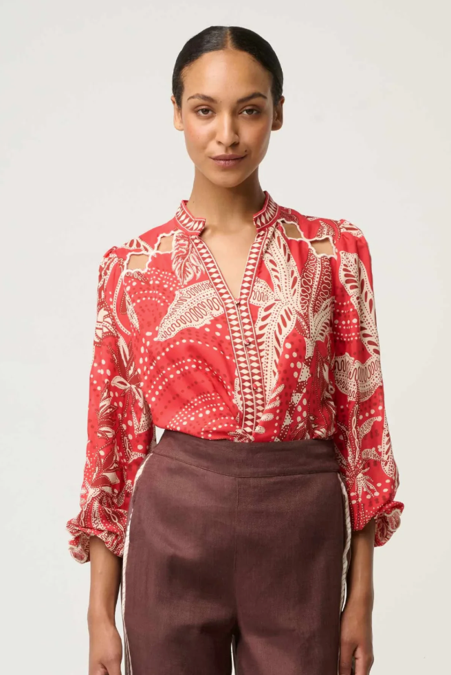 Once Was Audrey Faille Blouse Crimson Palms