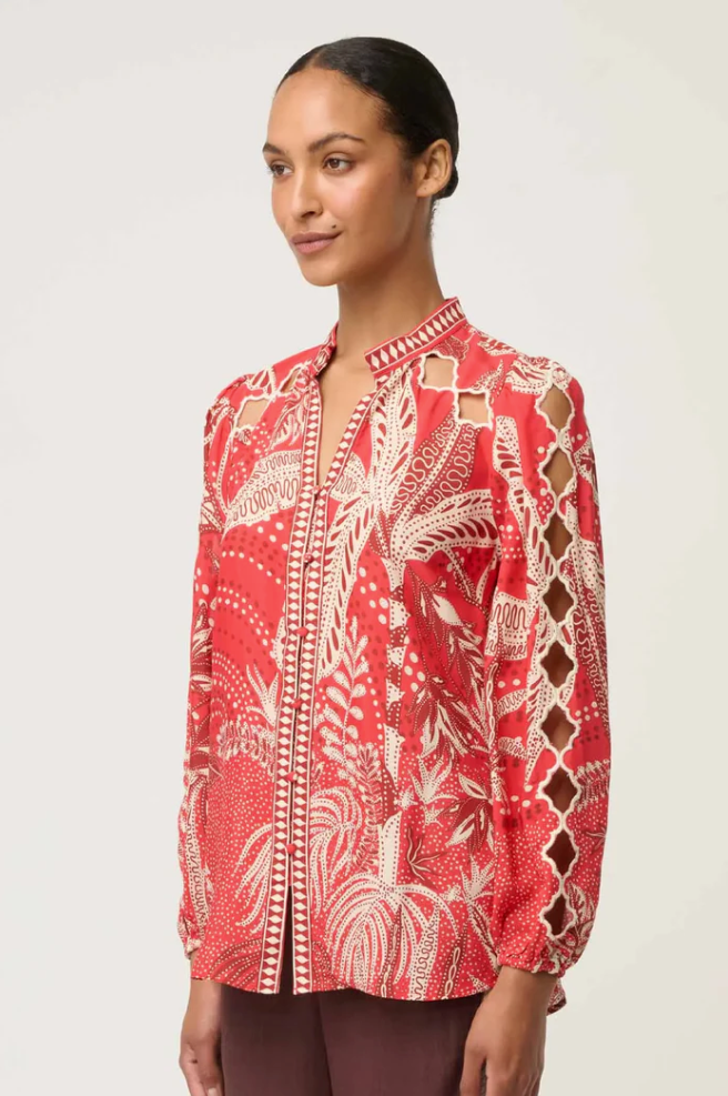 Once Was Audrey Faille Blouse Crimson Palms