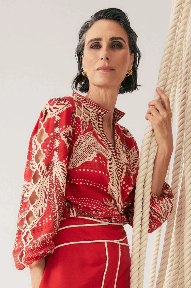 Once Was Audrey Faille Blouse Crimson Palms