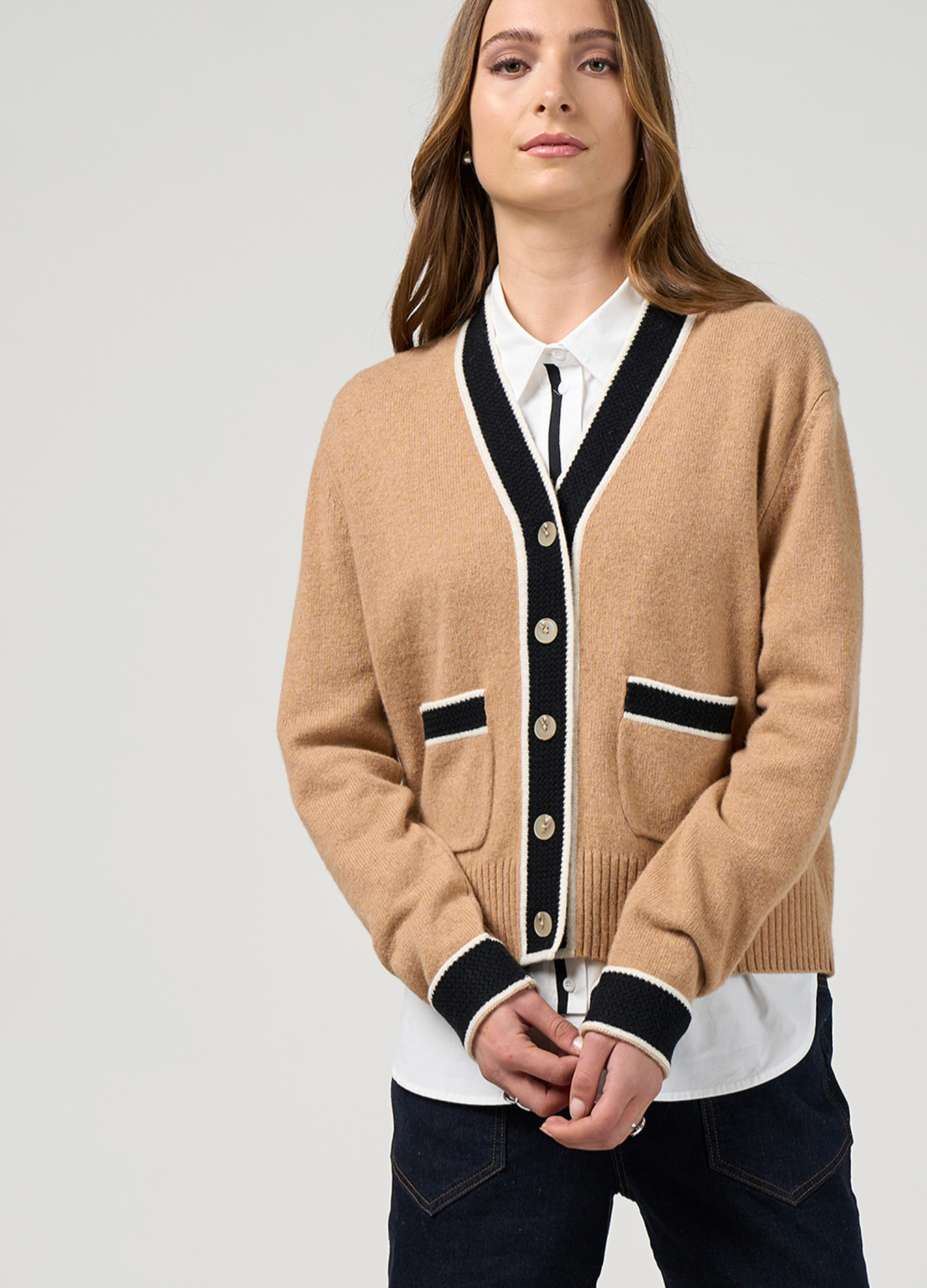 College Cardi Camel/Black Madly Sweetly