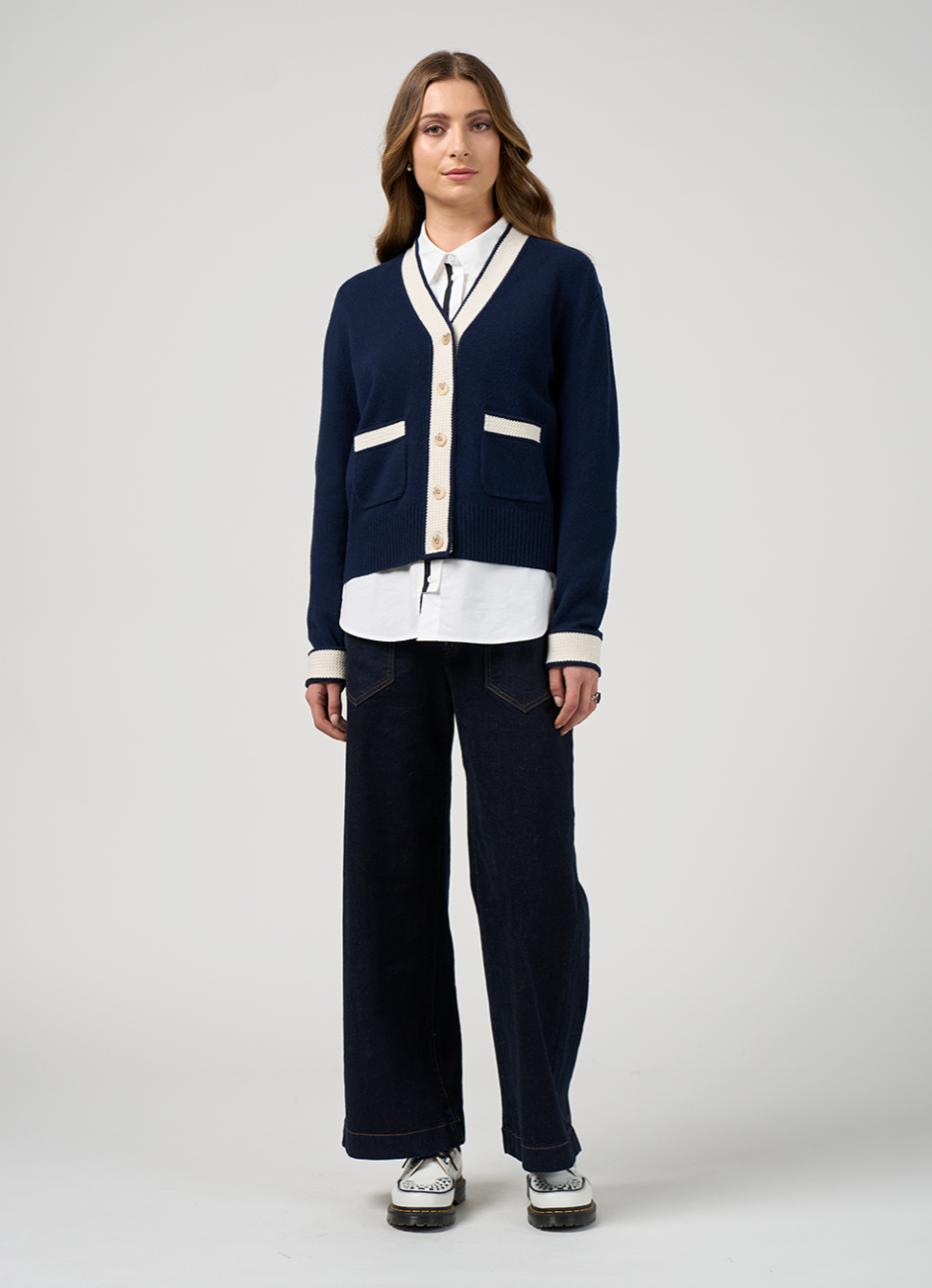 College Cardi Navy/Winter White Madly Sweetly