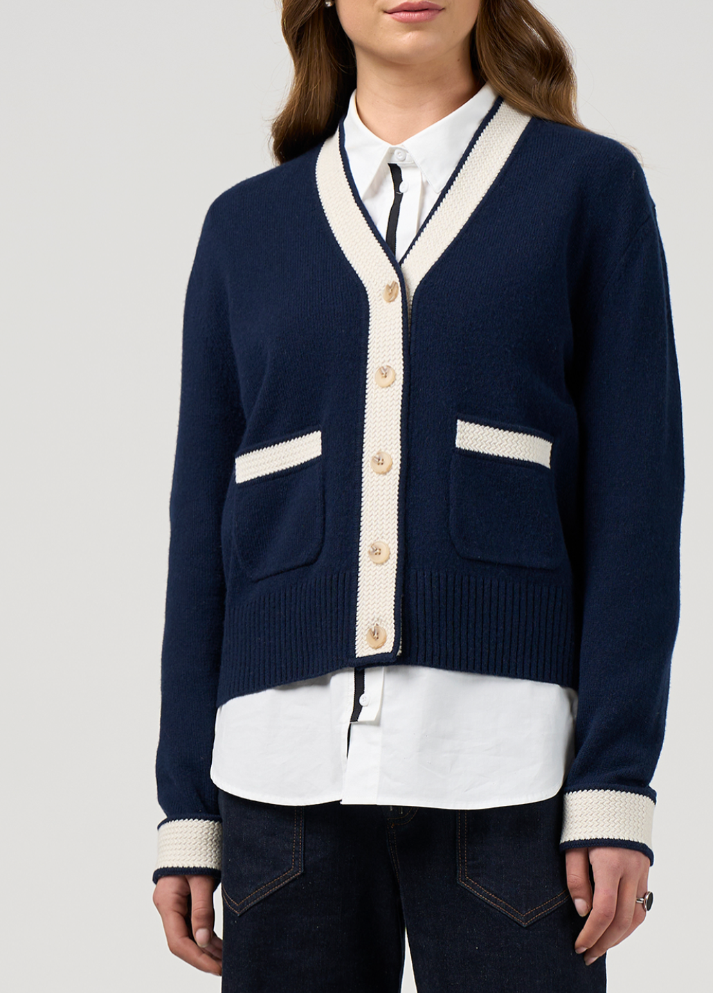 College Cardi Navy/Winter White Madly Sweetly