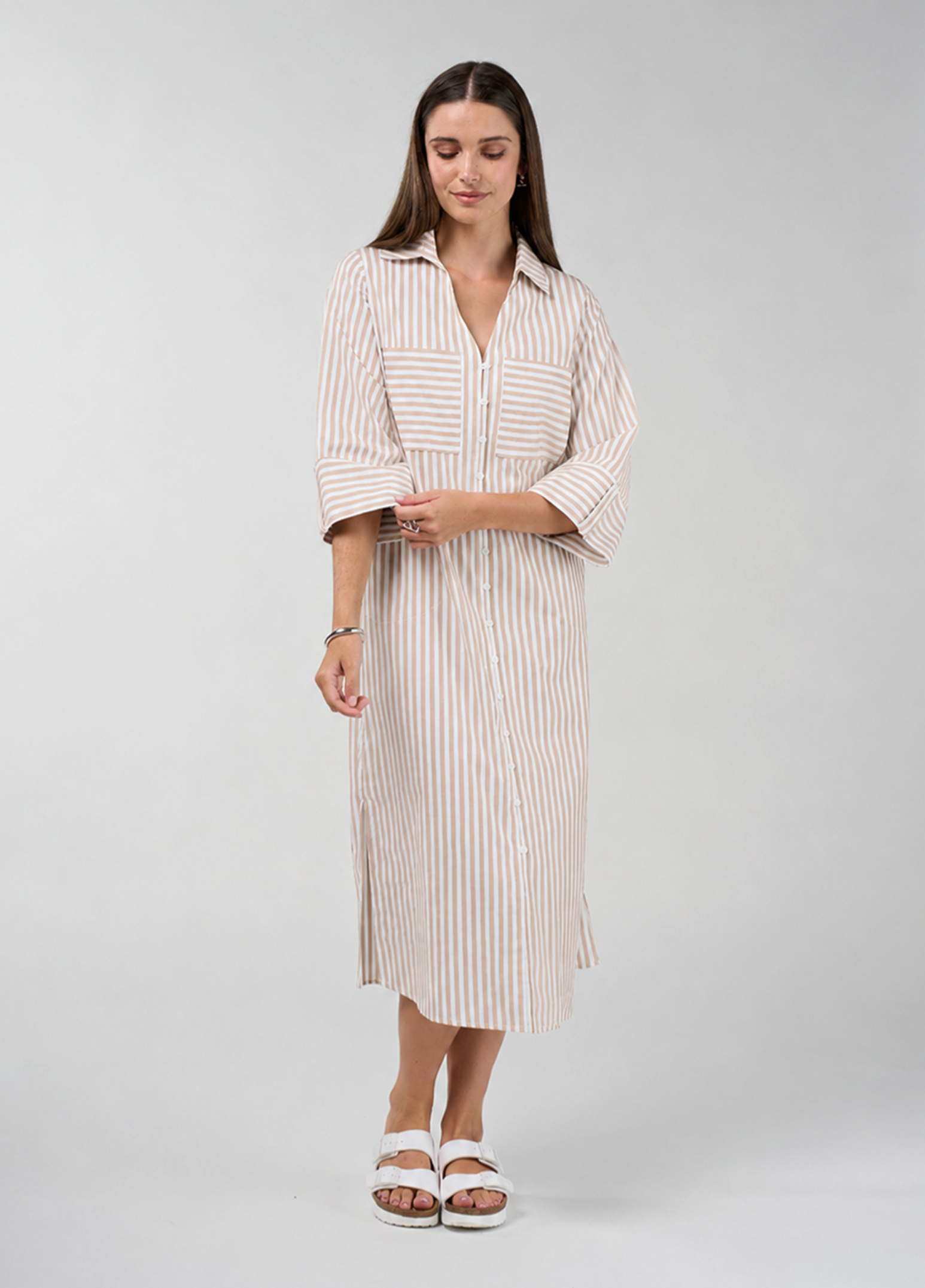 Madly Sweetly Connect Stripe Shirt Dress - Stone