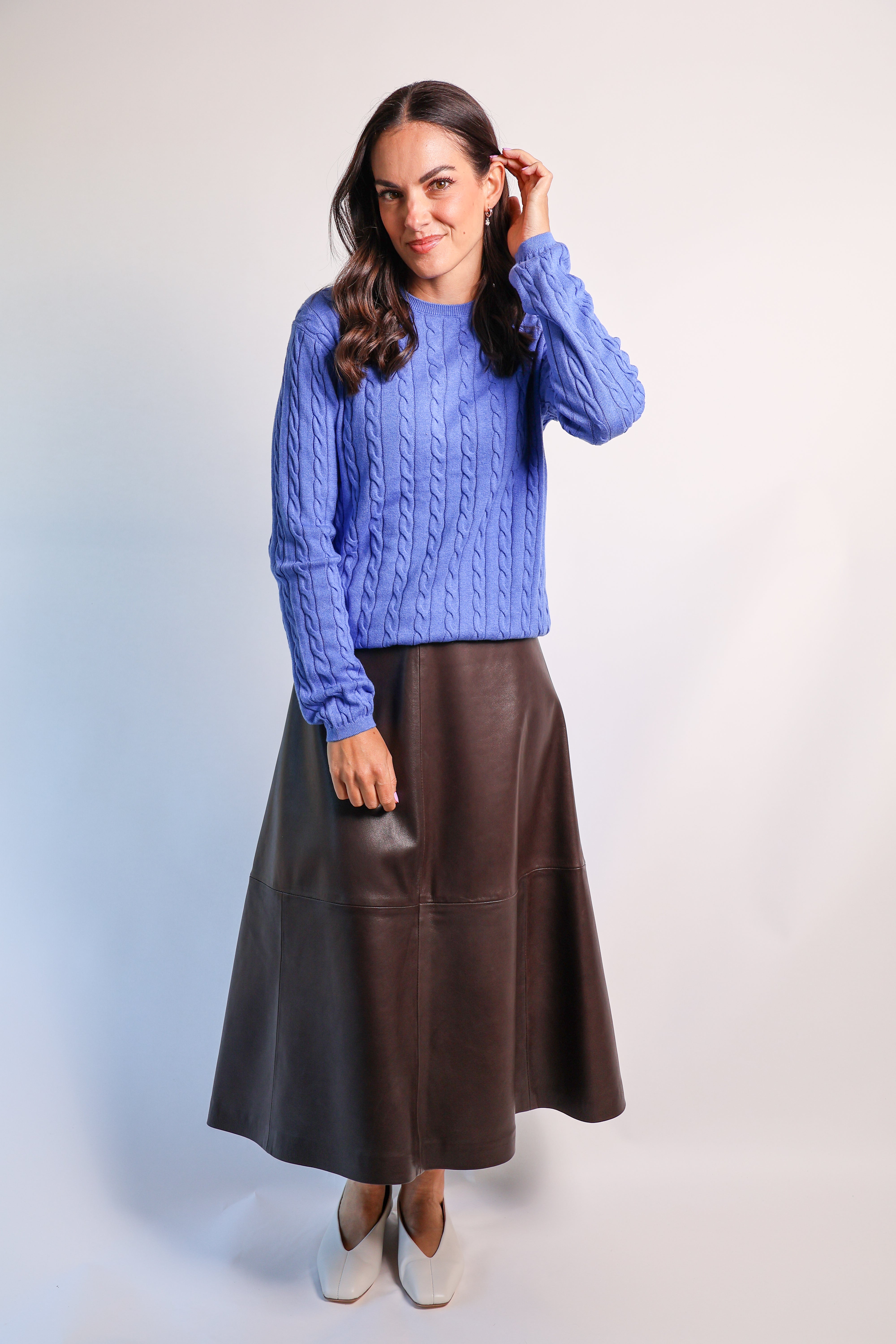 Yarnsmith Cable Sapphire L/S  Cotton/Cashmere Knit Bluebird