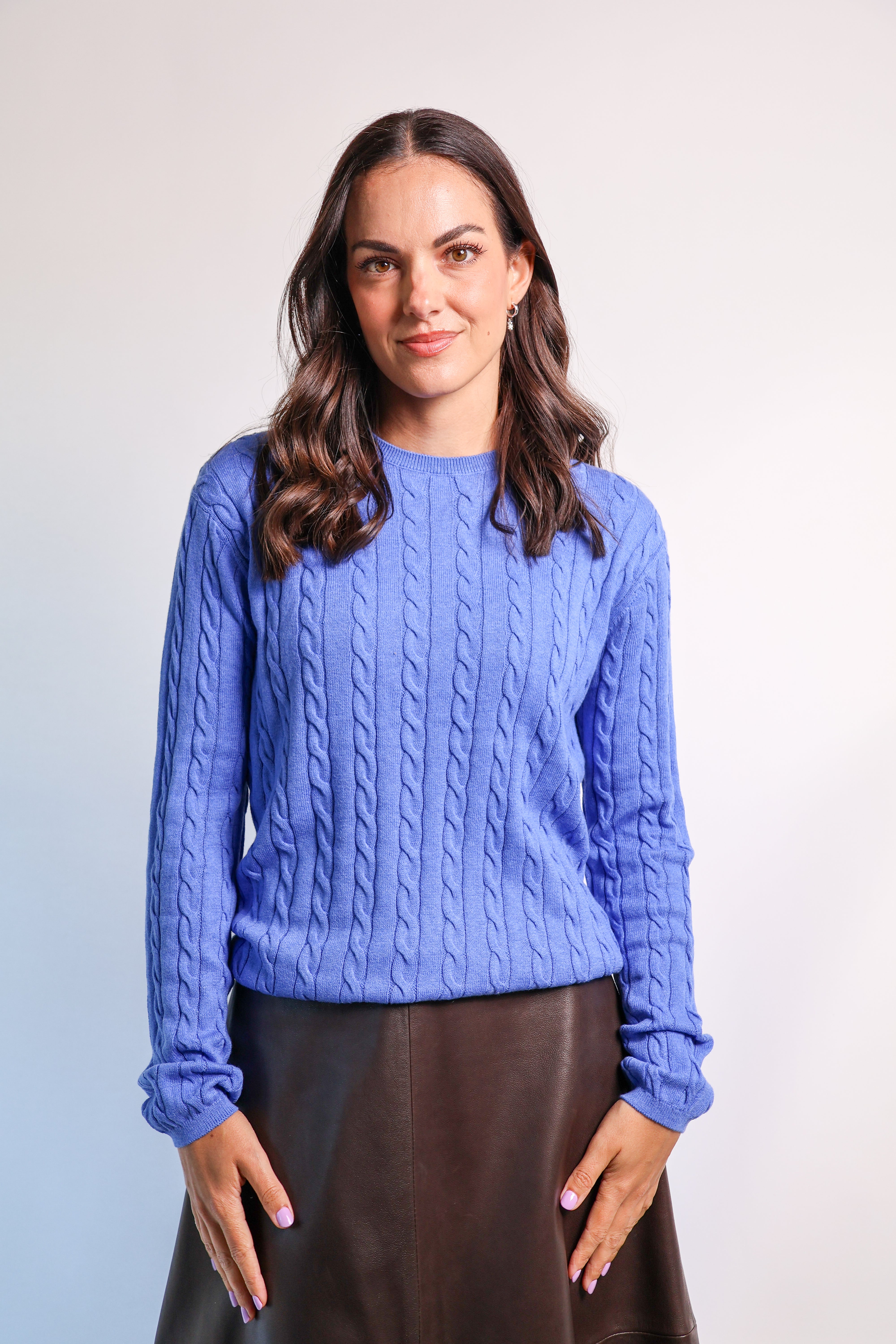 Yarnsmith Cable Sapphire L/S  Cotton/Cashmere Knit Bluebird