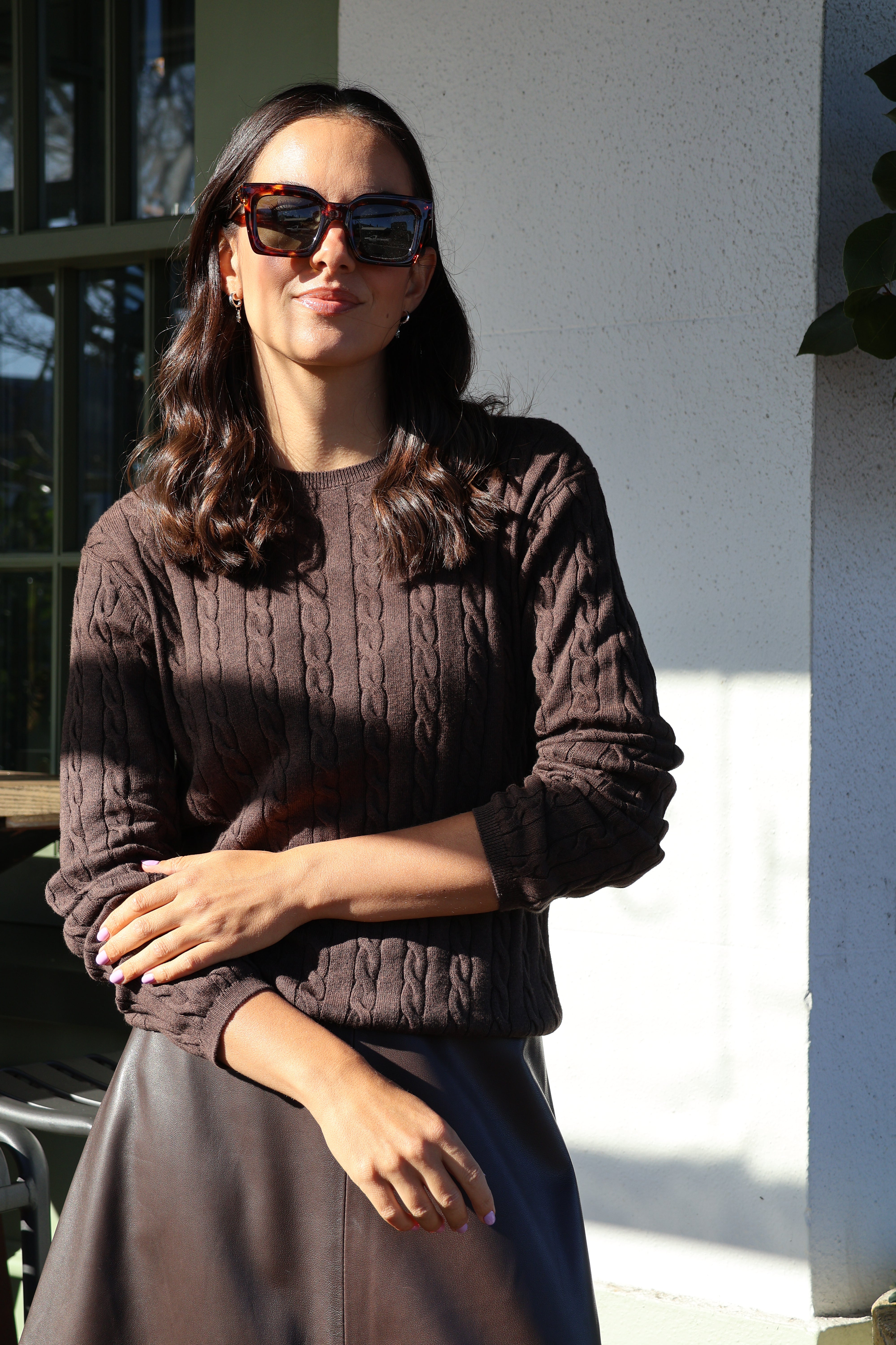 Yarnsmith Cable Sapphire L/S  Cotton/Cashmere Knit Chocolate