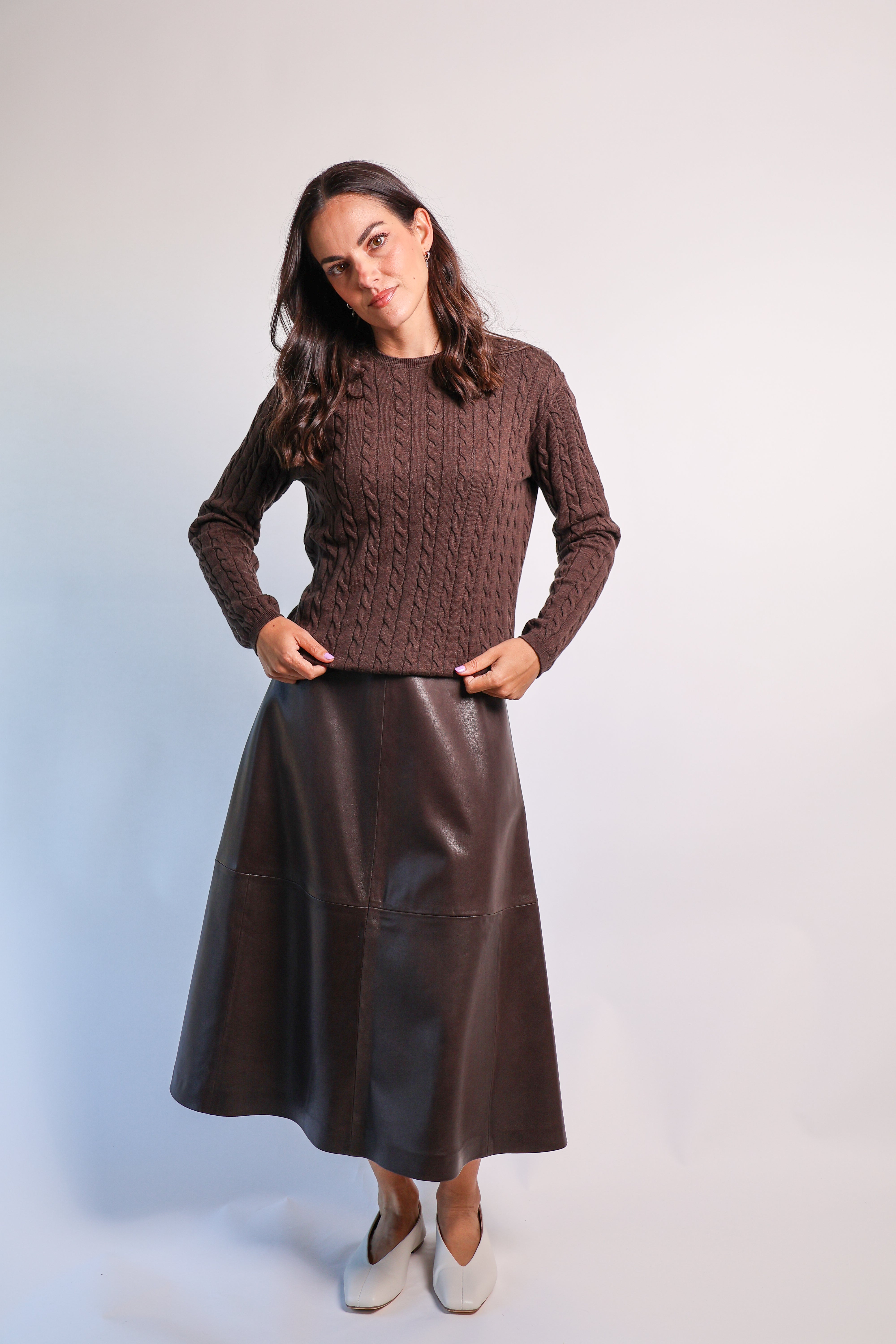 Yarnsmith Cable Sapphire L/S  Cotton/Cashmere Knit Chocolate