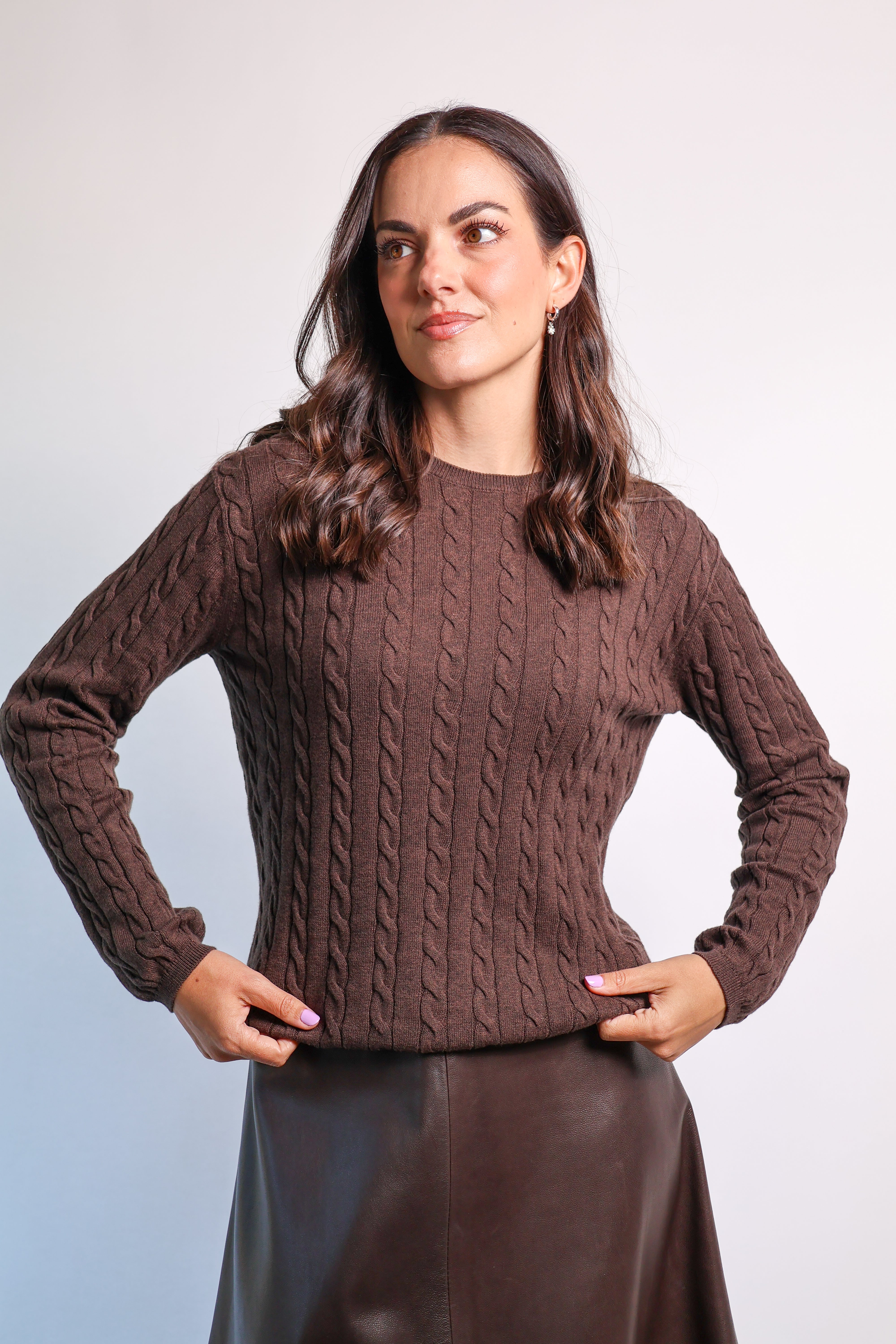 Yarnsmith Cable Sapphire L/S  Cotton/Cashmere Knit Chocolate