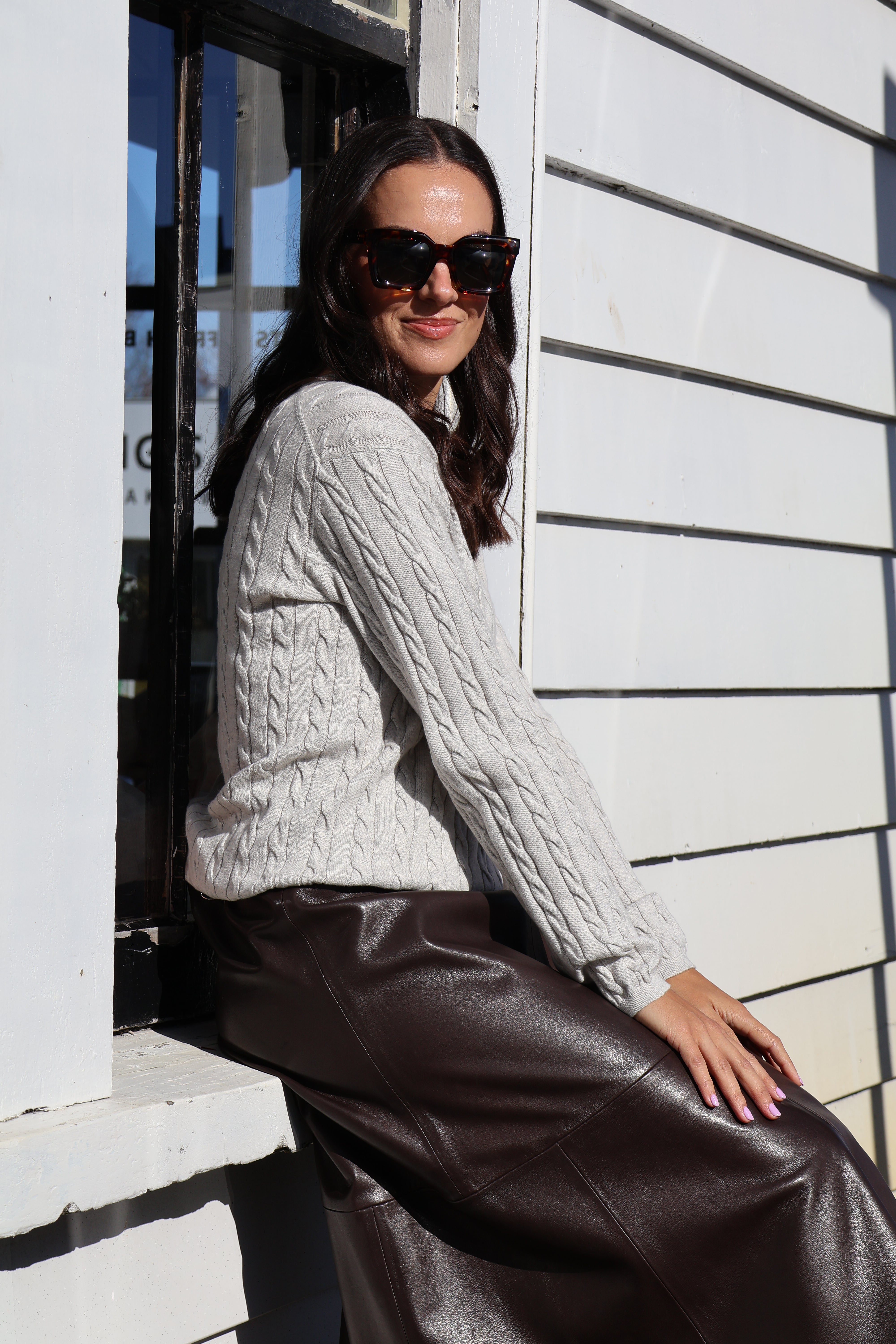 Yarnsmith Cable Sapphire L/S  Cotton/Cashmere Knit Pumice